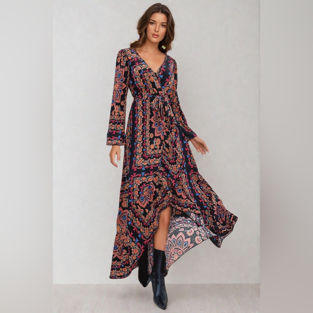LAST ONE 🔥 Floral Lantern Sleeve Ruffle Trim Wrap Dress